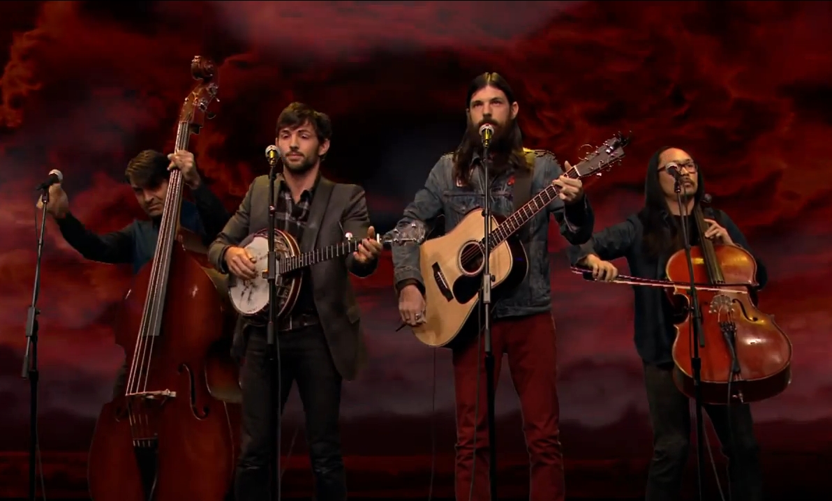 Avett Brothers playing death metal with a dramatic background